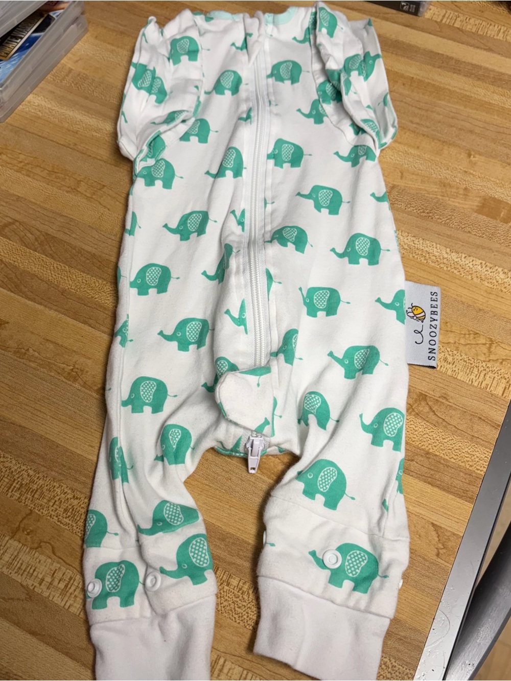 White One-Piece Footie with Teal Elephant Print